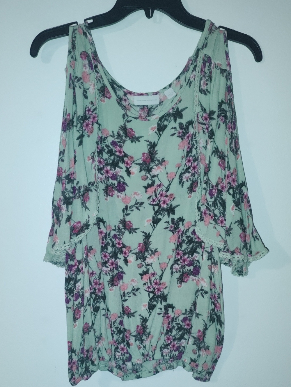 New York & Company Mint Floral Cold-Shoulder Tunic with Pink Flowers